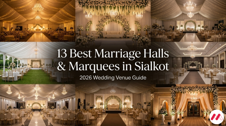 Luxury wedding marquees and marriage halls in Sialkot featuring elegant Pakistani wedding décor, floral stages, banquet halls, and outdoor wedding venues.