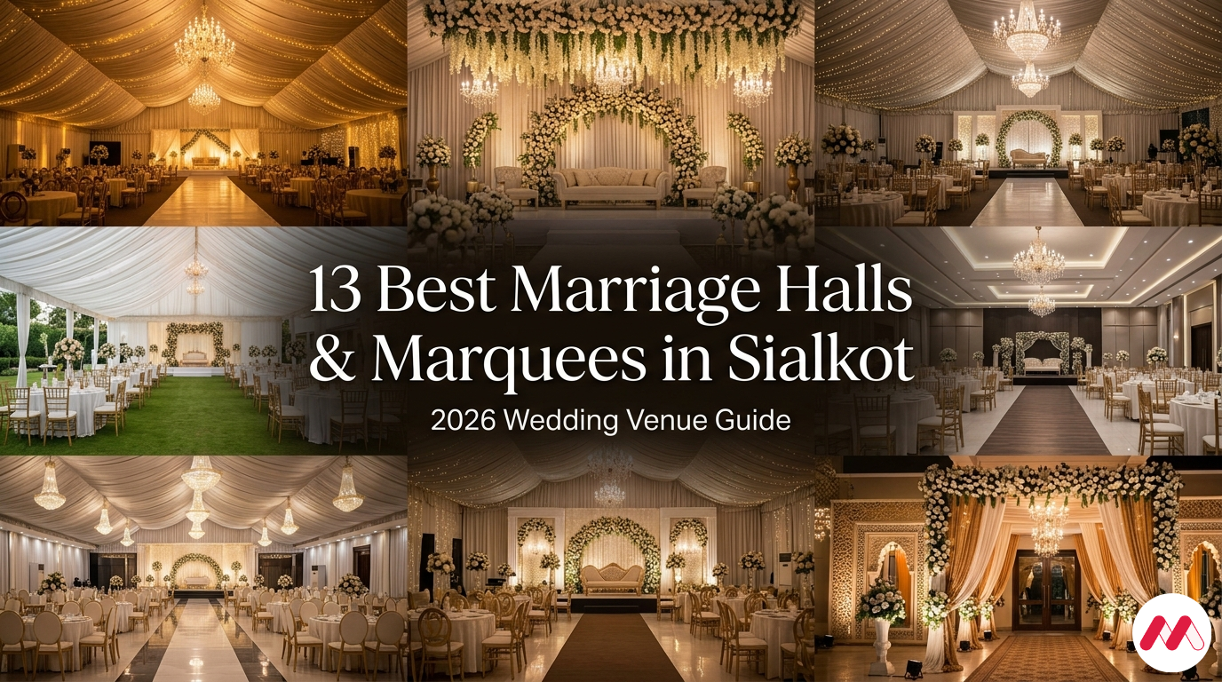 Luxury wedding marquees and marriage halls in Sialkot featuring elegant Pakistani wedding décor, floral stages, banquet halls, and outdoor wedding venues.