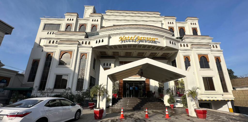 Elegant bridal shower setup at Hotel Javson Sialkot with modern décor and cozy seating.