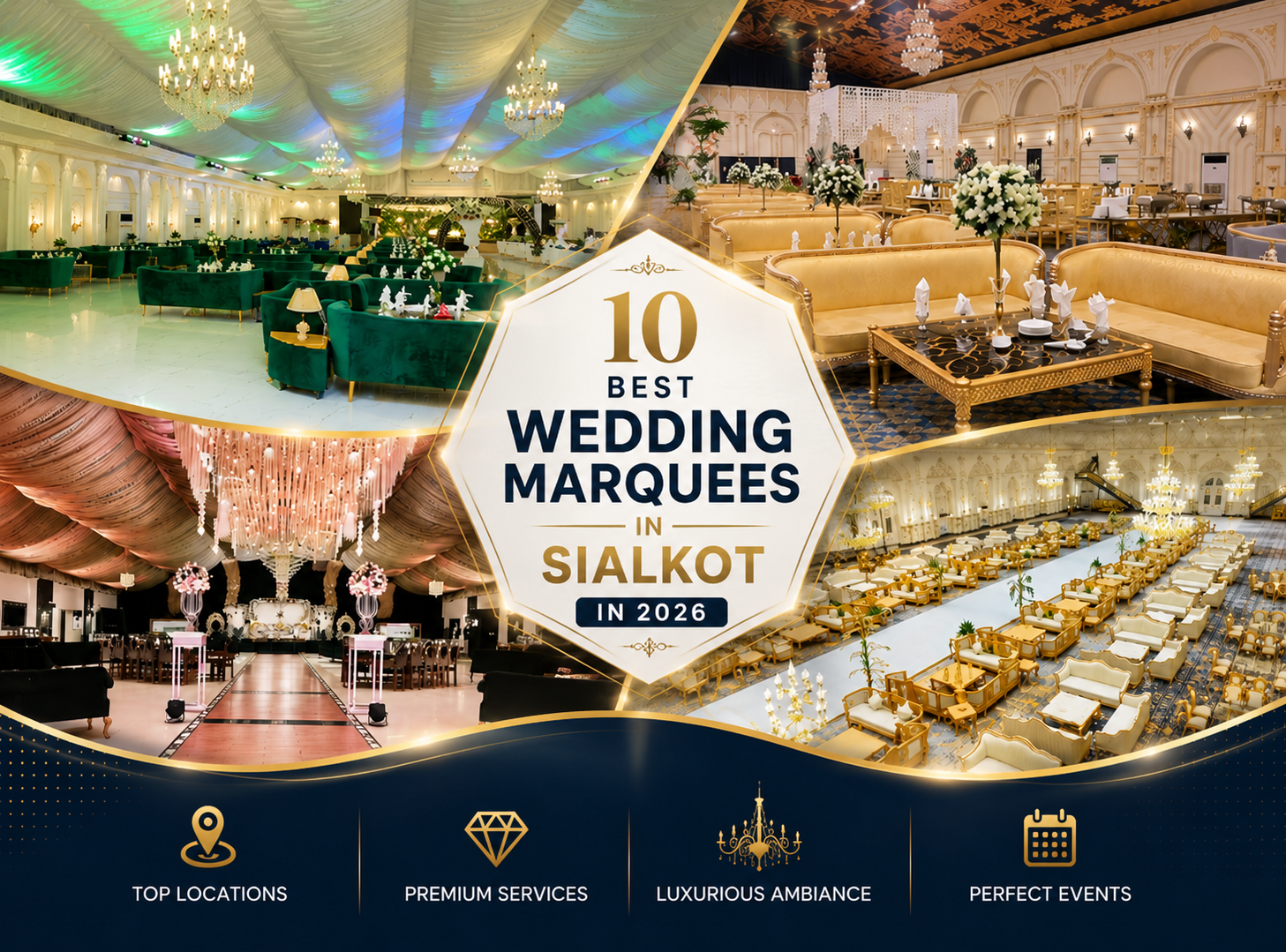 Best wedding marquees in Sialkot featuring luxury outdoor wedding venue with elegant stage decoration and lighting