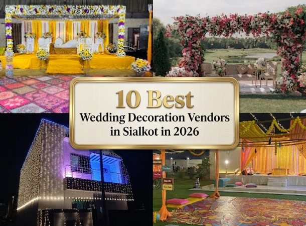 Luxury wedding decoration setup in Sialkot with floral stage design, elegant lighting, and premium wedding décor for a grand wedding celebration.