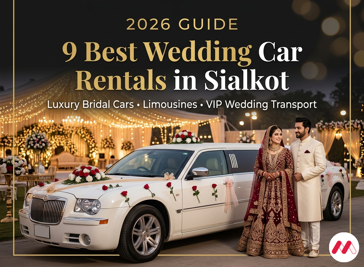Luxury wedding car rental in Sialkot with decorated bridal car and groom transport service