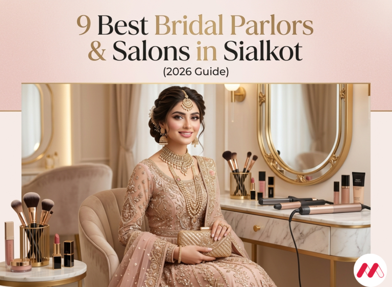 Bride getting professional bridal makeup at one of the best bridal parlors and salons in Sialkot