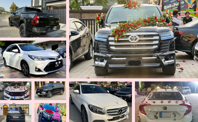 Decorated luxury bride and groom wedding car by Saqlain Luxury Rent a Car Sialkot