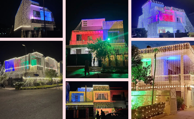 Al Madina Decoration Lighting wedding setup in Sialkot with decorative lighting, wedding stage design, and venue enhancements.