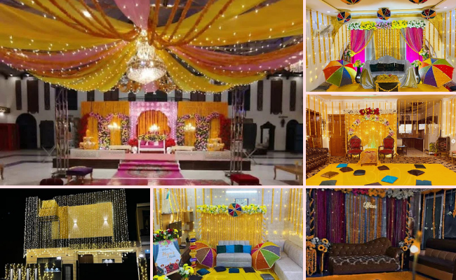 Events 360 wedding decoration services in Sialkot featuring luxury stage décor, floral wedding themes, elegant lighting arrangements, and customized venue styling for weddings and events.