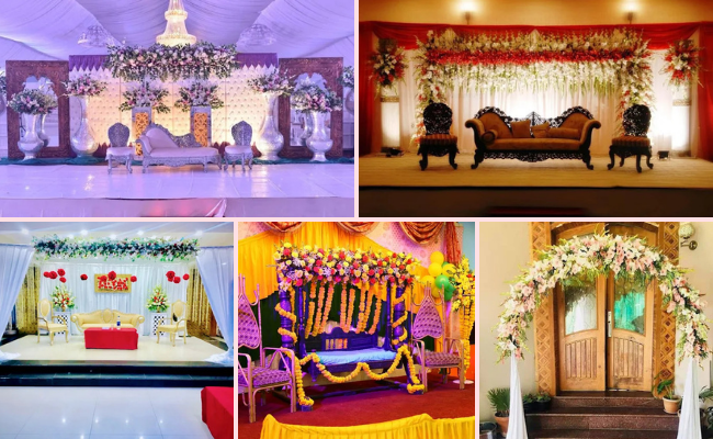 Yashmir Events wedding decoration services in Sialkot featuring elegant stage décor, luxury floral arrangements, customized wedding themes, premium lighting, and complete venue styling.
