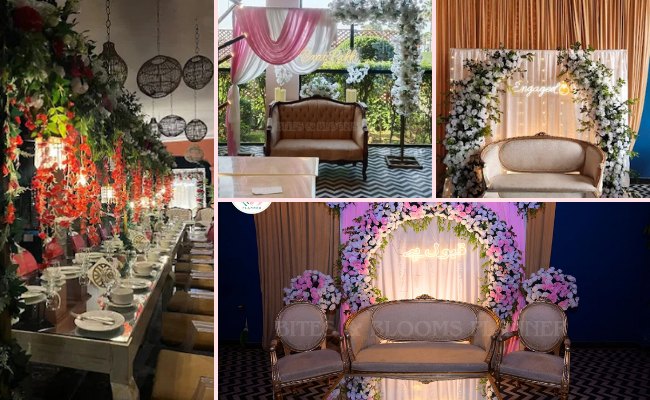 Bites & Blooms Planner wedding decoration setup in Sialkot with floral wedding themes, romantic entrances, and premium décor elements.