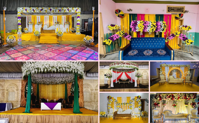 Deep Flower Decoration wedding floral stage design in Sialkot featuring fresh flower arrangements and elegant wedding backdrops.