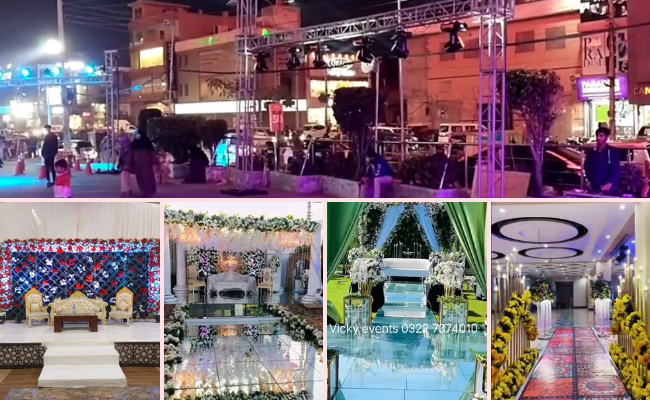Vicky Events Planner wedding venue decoration in Sialkot featuring stage setups, floral décor, and customized wedding themes.