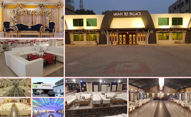Palace-style wedding venue at Shah Jee Palace Sialkot showcasing luxurious interiors, grand chandeliers, premium stage decoration, and elegant wedding seating.