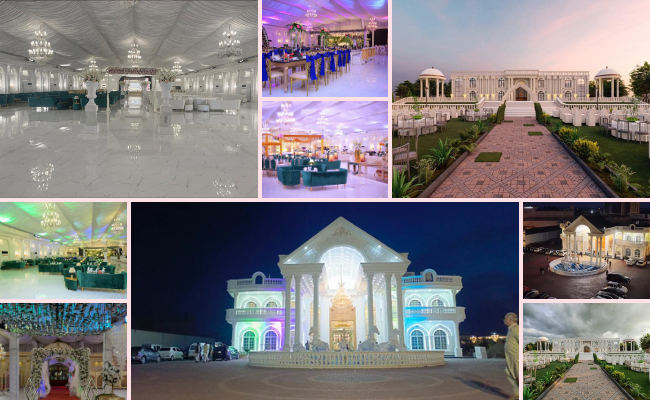 Garden-themed wedding setup at Green Apple Sialkot with floral decorations, green landscapes, outdoor seating, and a romantic wedding atmosphere.