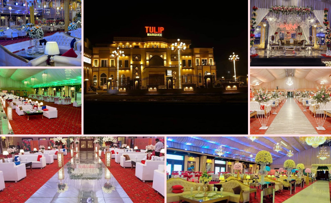 Themed outdoor nikah ceremony at Tulip Marquee Sialkot featuring white-floor decor, floral aisle, elegant lawn setup, and modern wedding styling.