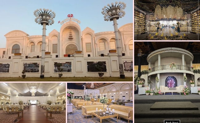 Modern wedding banquet hall at G2 Marquee Sialkot with contemporary decor, stylish stage design, elegant seating arrangements, and customizable wedding themes.