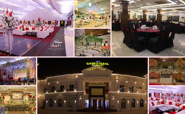 Classic Pakistani wedding venue at Qasr-e-Iqbal Marquee Sialkot featuring traditional decor, cultural wedding stage, ornate interiors, and large banquet facilities.