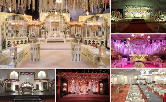 Luxury wedding venue by Dustoor Events Sialkot showcasing premium decor, floral stage design, grand entrance, elegant lighting, and large wedding seating arrangements.