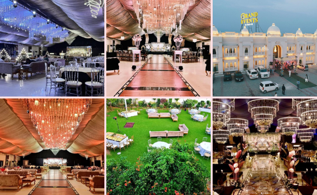 Traditional Pakistani wedding reception at Grand Events Marquee Sialkot with spacious banquet hall, family seating arrangements, stage decor, and large guest capacity.