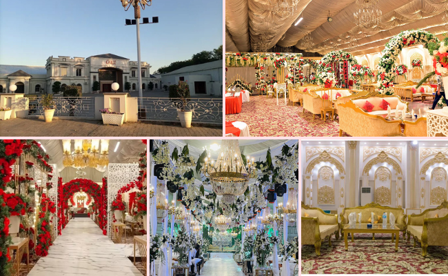 Outdoor wedding ceremony at Cantt View Marquee Sialkot featuring scenic surroundings, lush lawns, floral decor, and a romantic open-air wedding setup.
