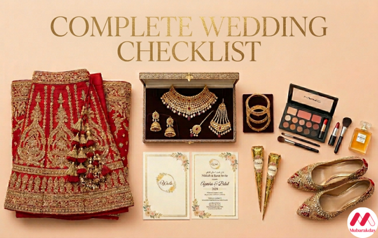 Printable Pakistani wedding planning checklist with tasks organized from engagement to walima.