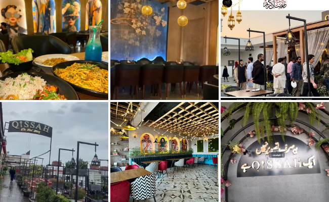 Stylish interior of Qissah Restaurant at Brand Village Sialkot with modern décor for couples and families.