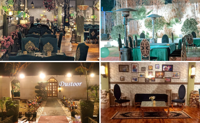 Outdoor garden dining area at Dustoor Garden Sialkot providing a relaxing atmosphere for couples and families.