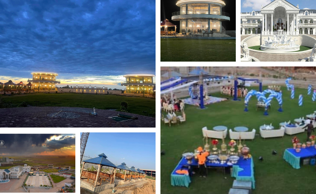 Green Apple Farm House in Sialkot featuring an elegant marquee, swimming pool, gardens, and family entertainment facilities