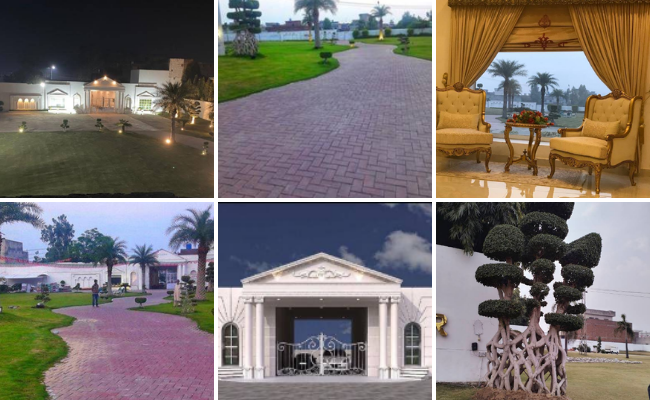 Mehar Farm House in Sialkot showcasing a spacious marquee, green lawns, and peaceful natural surroundings