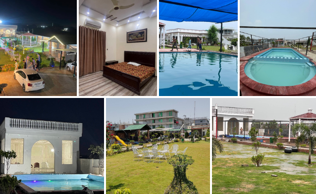 Pakistan Farm House & Swimming Pool in Sialkot with a swimming pool, event marquee, and outdoor family gathering area