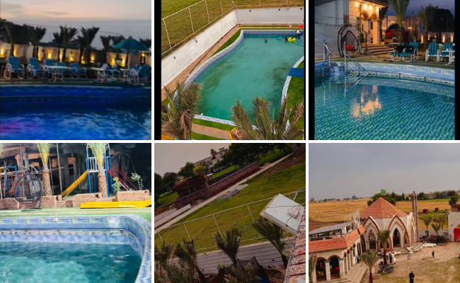 Palm Palace Farmhouse in Sialkot showcasing luxury event spaces, a swimming pool, and premium farmhouse accommodation