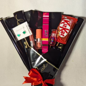 Luxury beauty bouquet gift box with makeup products, earrings, chocolates, and decorative wrapping for birthdays, bridal showers, and wedding gifts.