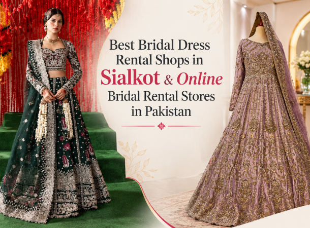 Bride choosing a bridal dress at a bridal dress rental shop in Sialkot