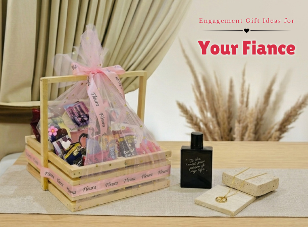 Beautiful engagement gift hamper with chocolates, flowers, perfume, jewelry, and personalized gifts for fiancé in Pakistan