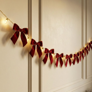 Luxury Red Velvet Bow Garland Decor with Warm White LED Lights