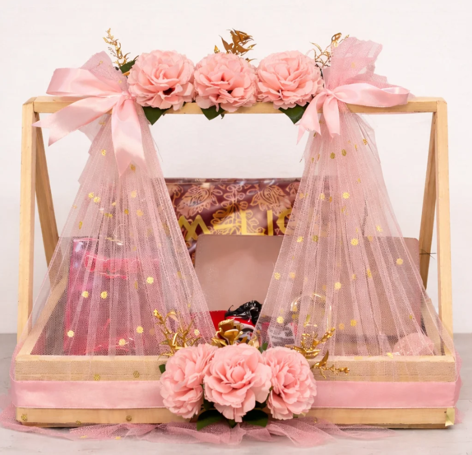 Custom Engagement Gift Basket with Personalized Gifts for Bride and Groom