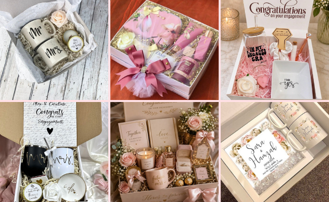Personalized engagement gift box with chocolates, perfume, handwritten letter, and keepsakes