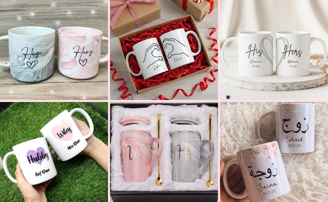 Customized couple mugs with husband and wife names for anniversary gift ideas