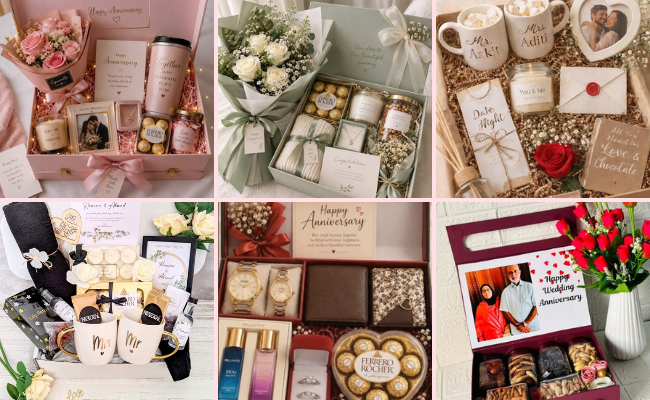Customized wedding anniversary gift hamper with romantic couple gifts