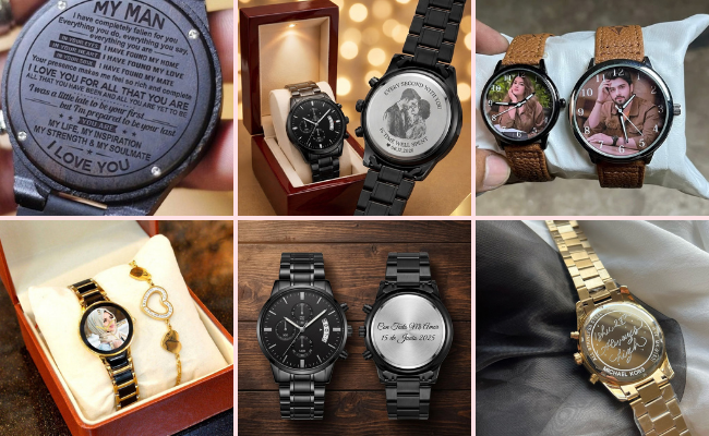 Customized wedding anniversary watch with engraved names and date for couples