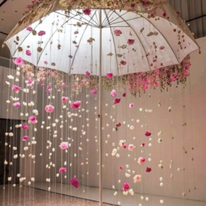 Luxury Standing Floral Umbrella Decoration with Pink and White Hanging Flowers