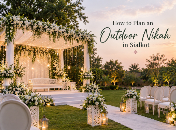 Outdoor nikah in Sialkot with elegant floral decoration, beautiful wedding setup, and open-air ceremony