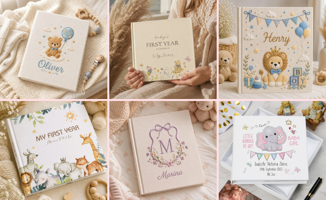 Personalized baby memory book for recording a newborn baby's first milestones and memories