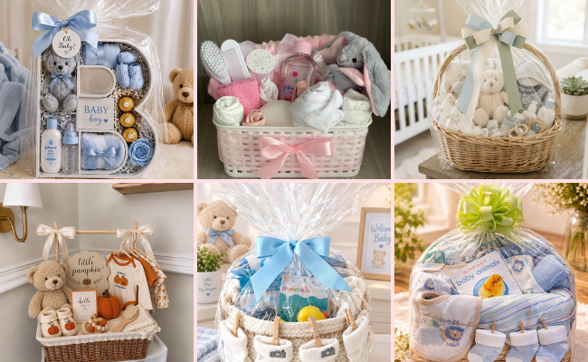 Newborn gift basket with baby clothes, blanket, bibs, and personalized baby gifts