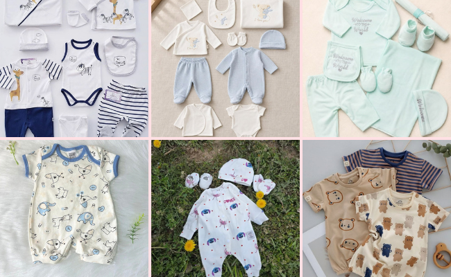 Soft newborn baby clothing set with bodysuits, cap, mittens, and socks for a newborn baby