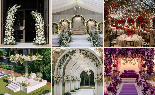 Outdoor nikah floral decoration with flowers, arches, and romantic wedding theme
