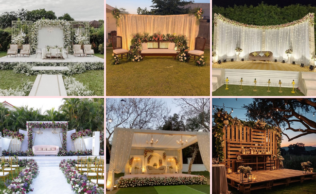 Beautiful outdoor nikah stage decoration with floral backdrop and elegant wedding setup