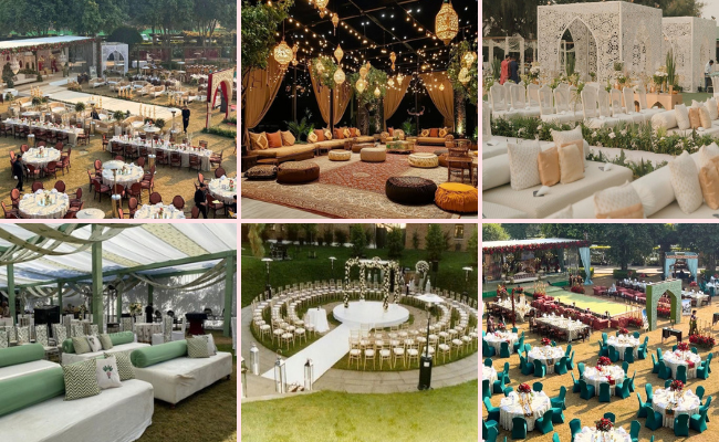 Elegant outdoor nikah guest seating arrangement with decorated chairs and wedding setup