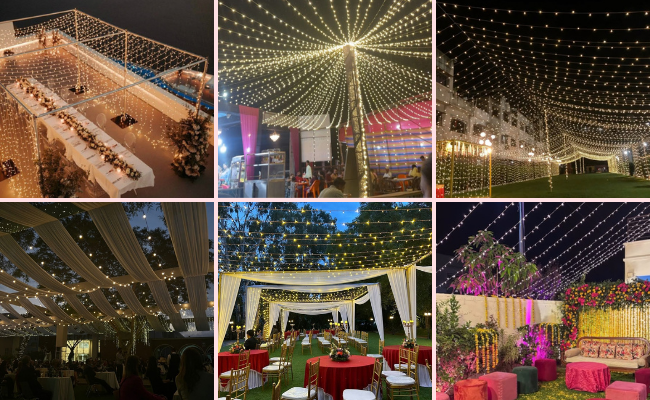 Outdoor nikah lighting decoration with fairy lights and warm wedding ambience