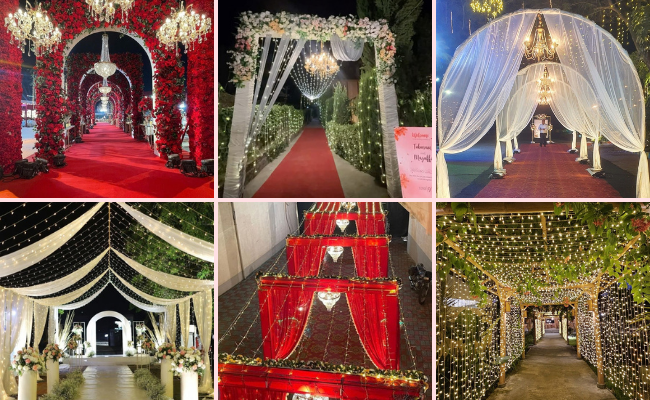 Beautiful outdoor wedding entrance decoration with flowers and elegant nikah setup