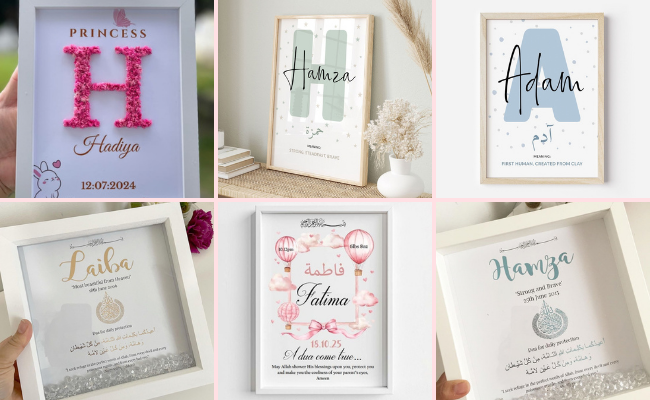 Personalized baby name frame with birth details as a keepsake gift for newborn baby